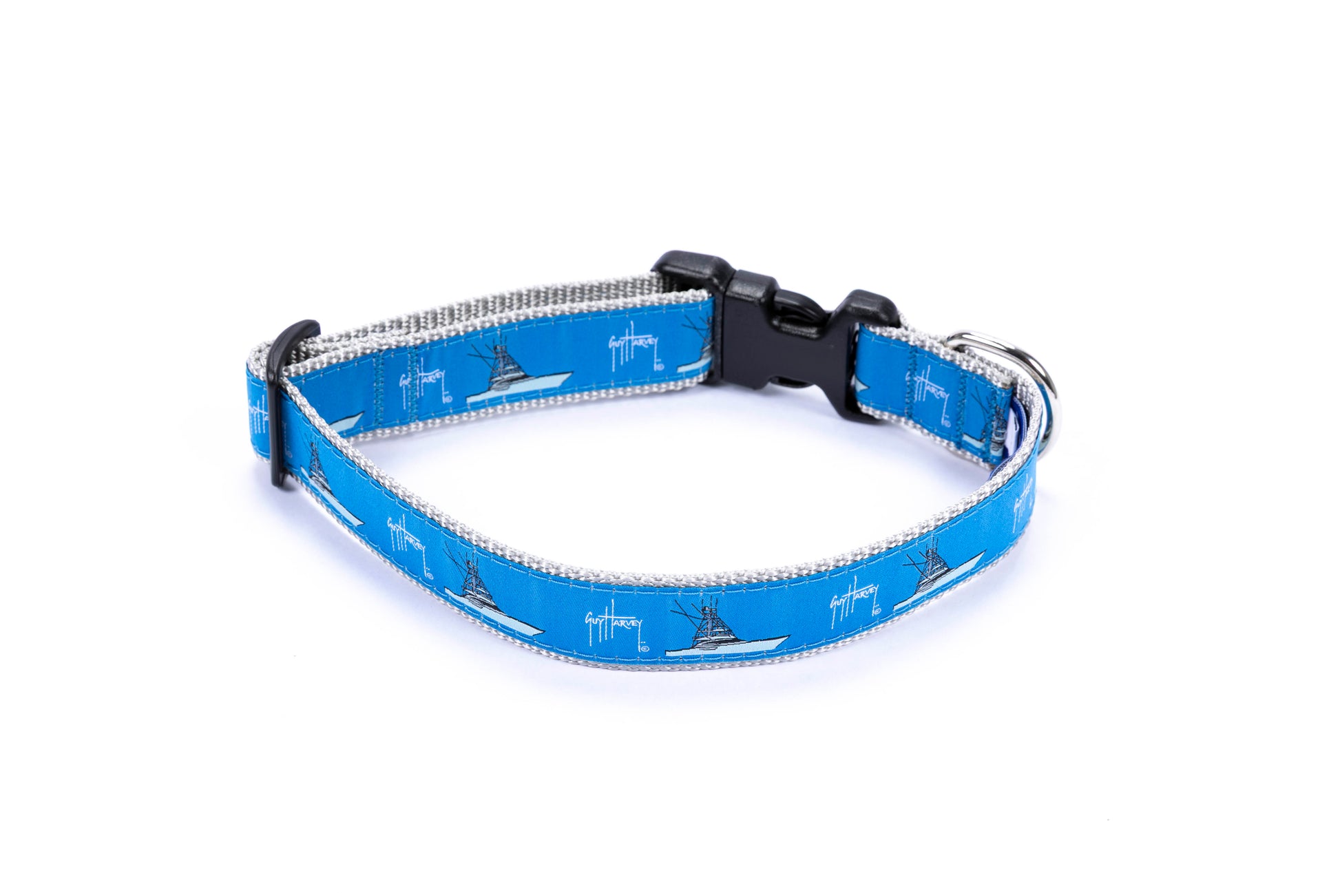 Guy Harvey Deep Sea Fishing Boat Dog Collar with blue nylon strap and fishing boat artwork