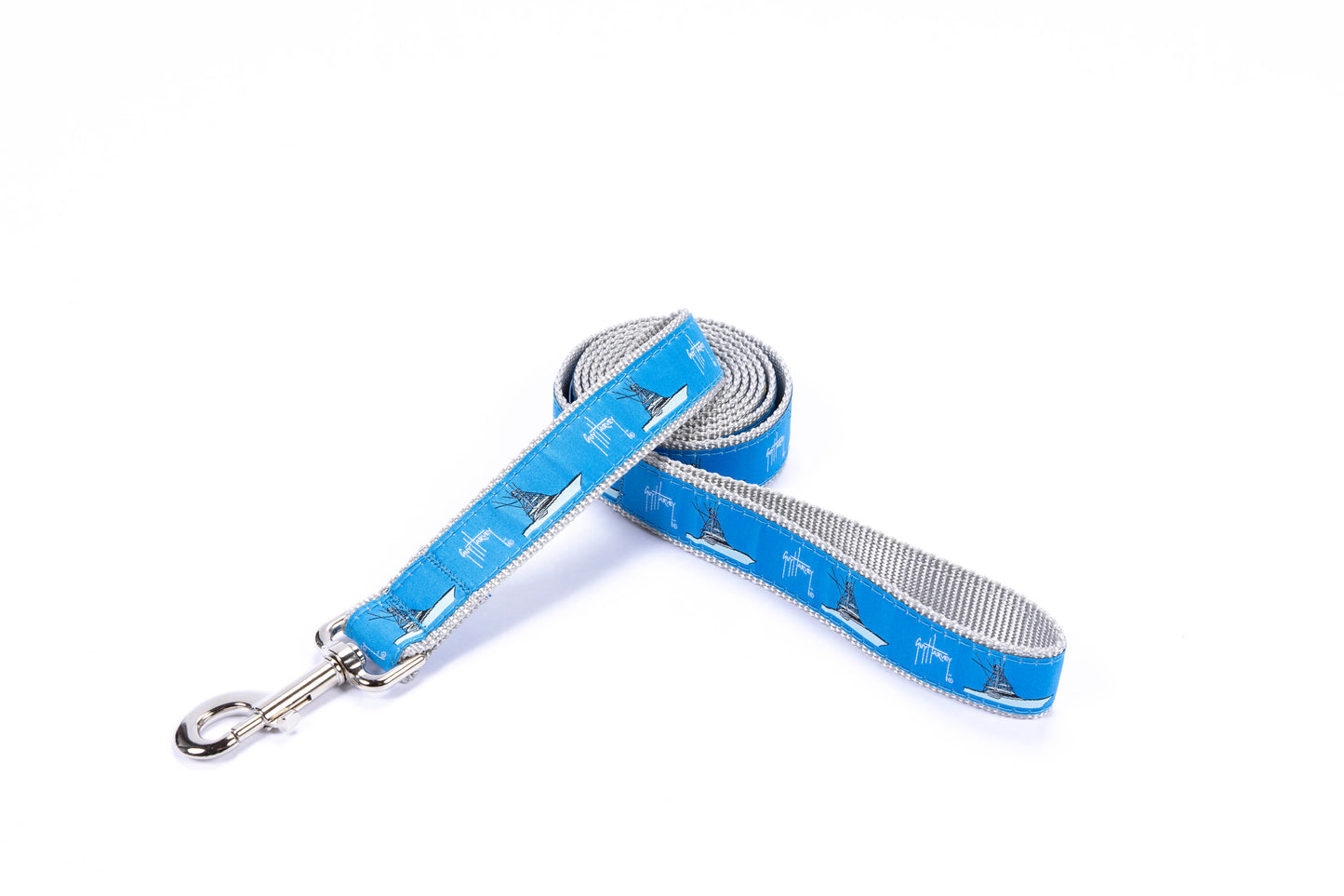 Guy Harvey Deep Sea Fishing Boat Dog Leash with blue nylon strap and boat artwork