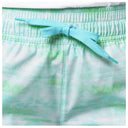 Close-up of light aqua and mint green patterned shorts with a matching aqua drawstring tied in a bow at the elastic waistband.