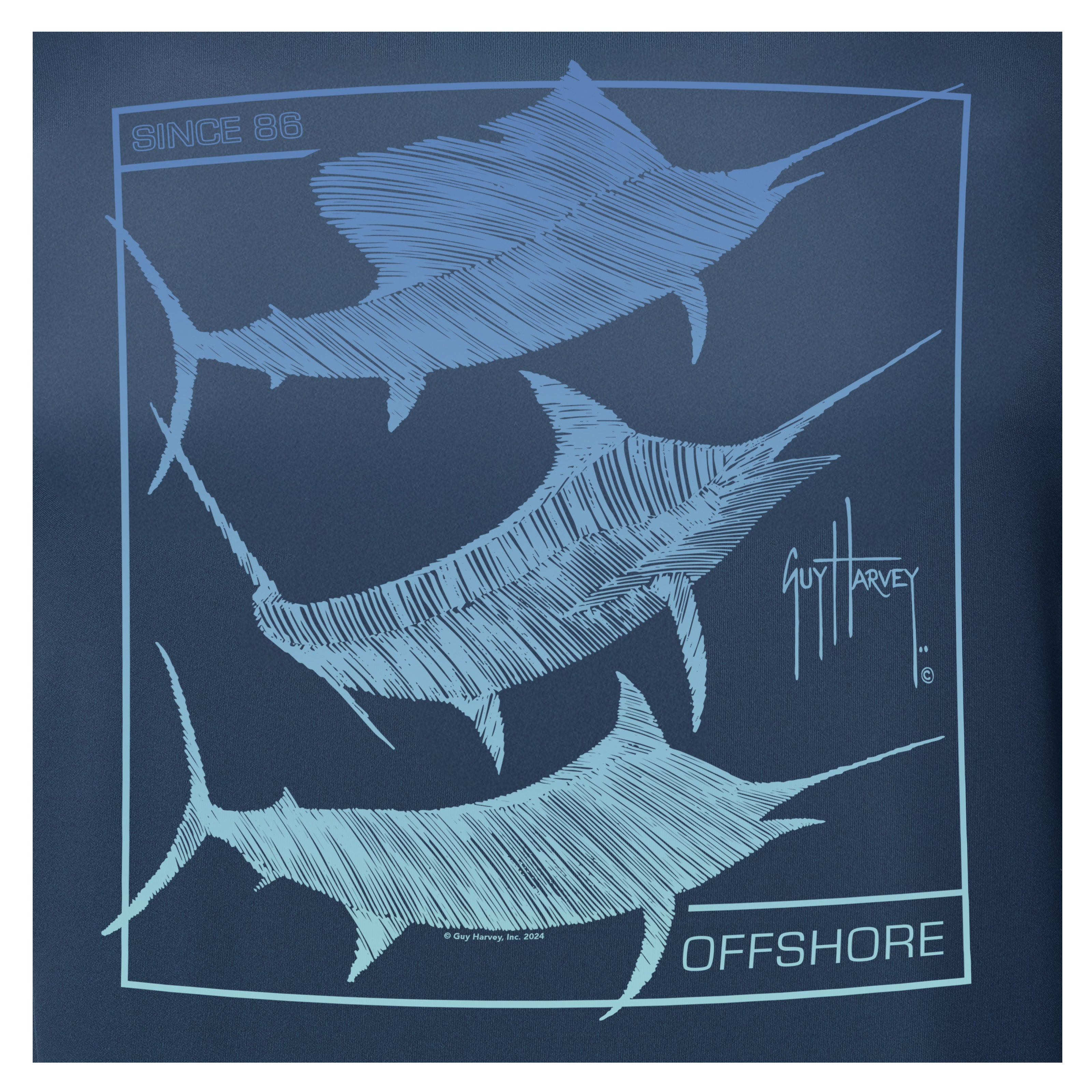 Navy blue t-shirt with white marlin design and 'Offshore' text, featuring Guy Harvey logo.