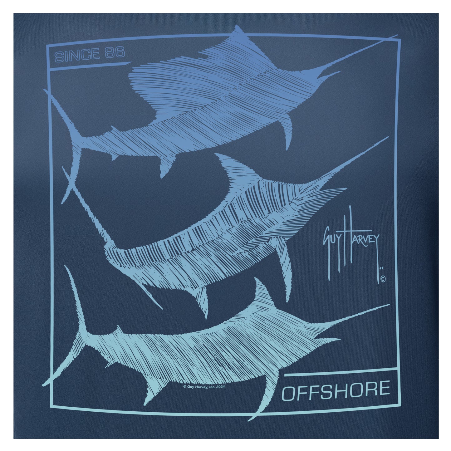 Navy blue t-shirt with white marlin design and 'Offshore' text, featuring Guy Harvey logo.