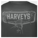 Black t-shirt with 'Harvey's Fishing Charters' logo featuring sailfish and marlin illustrations.