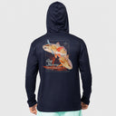 A man wearing a navy blue long-sleeve hooded shirt, viewed from the back. The shirt features a large graphic print of two orange and gold red drum fish with the text 'Guy Harvey' and 'Inshore Fishing Gear' on the back.