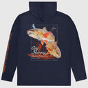 A navy blue long-sleeve hooded shirt with a large graphic print on the front showing two red drum fish and the text 'Guy Harvey' and 'Inshore Fishing Gear'. The left sleeve also has a vertical graphic print with a measure scale.