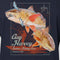 A close-up of a navy blue t-shirt featuring a large graphic print of two redfish with orange and blue accents, along with the text 'Guy Harvey Inshore Fishing Gear' and 'Established 1969'.