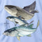 A graphic print of three detailed fish illustrations on a light blue background, featuring a large red drum or redfish at the top, a speckled trout in the middle, and a snook fish at the bottom. The artist's signature 'Guy Harvey' is visible on the left.