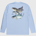 A light blue long-sleeve shirt shown from the back, featuring a large graphic print of three fish (a redfish, a speckled trout, and a snook) stacked vertically, with a black measurement scale printed down the left sleeve.