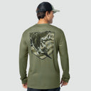 Person wearing a green long-sleeve shirt with a bass fish graphic on the back, standing against a light gray background.