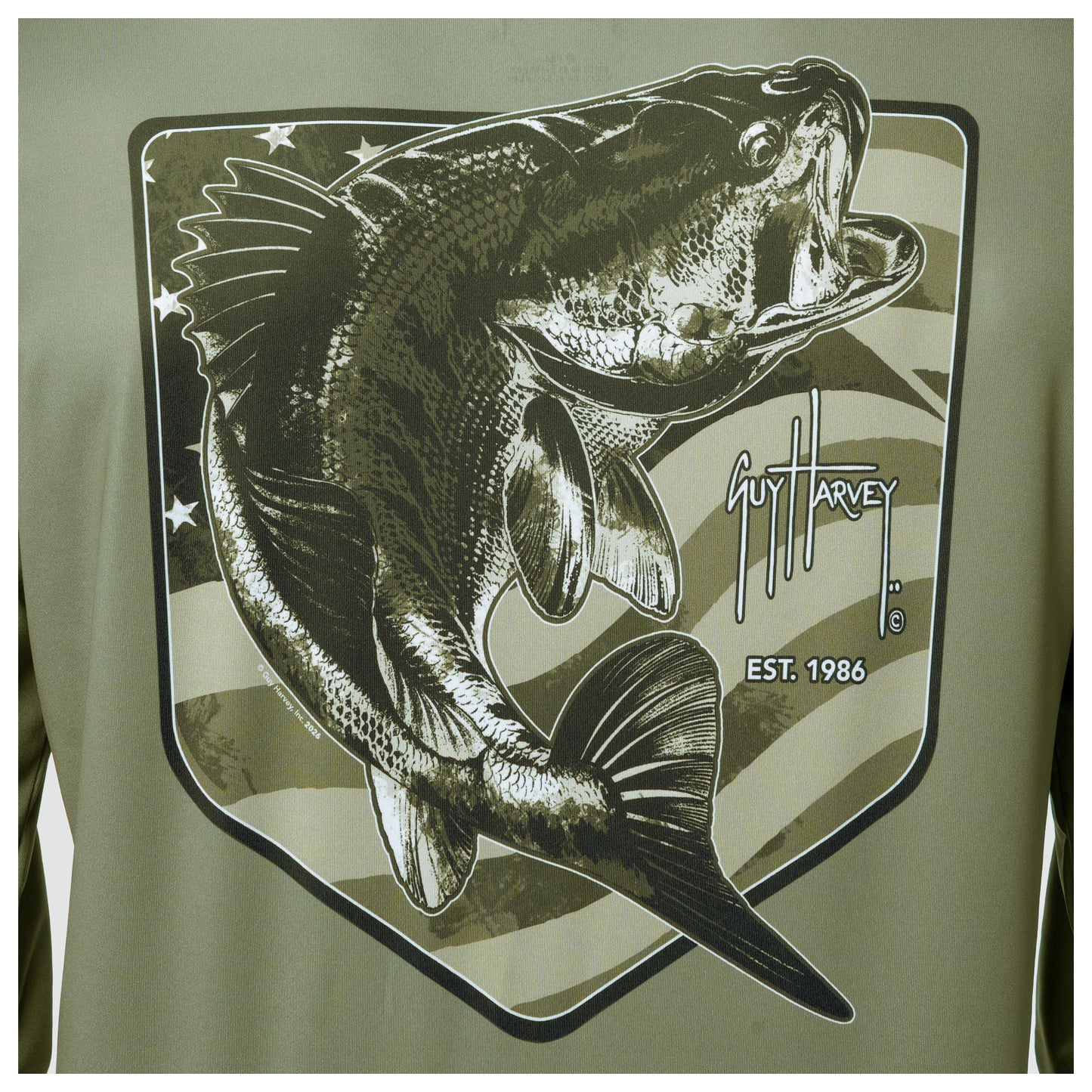 Green shirt with a large bass fish graphic and Guy Harvey logo