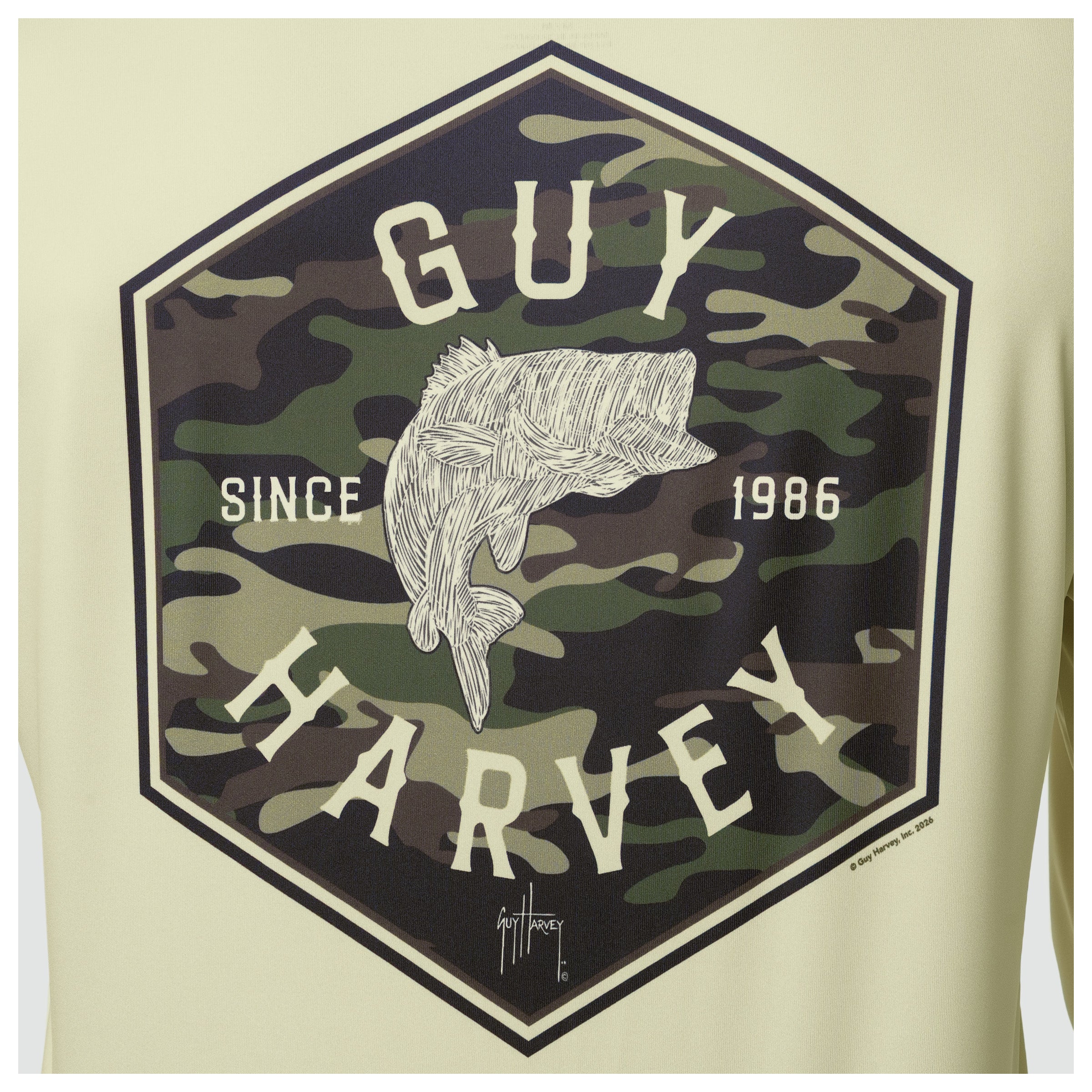 Camouflage bass graphic with 'Guy Harvey' branding on a beige background