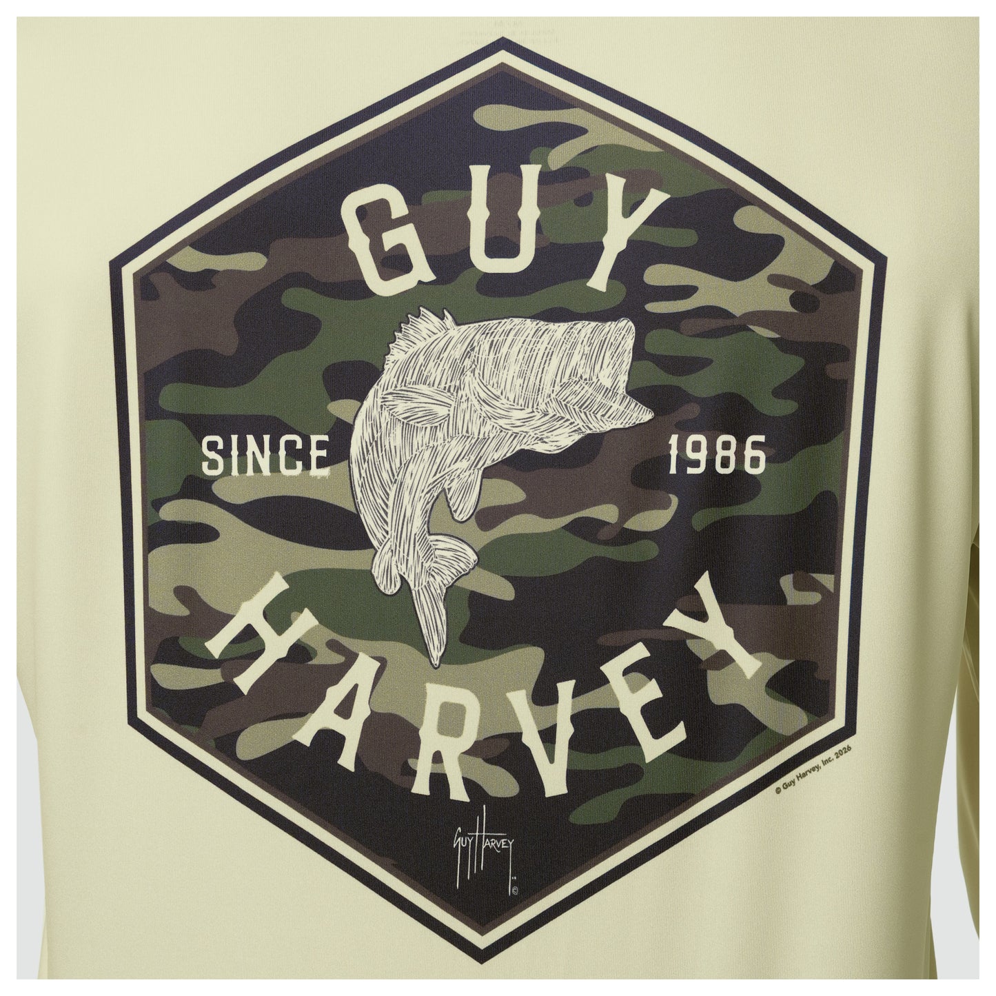 Camouflage bass graphic with 'Guy Harvey' branding on a beige background
