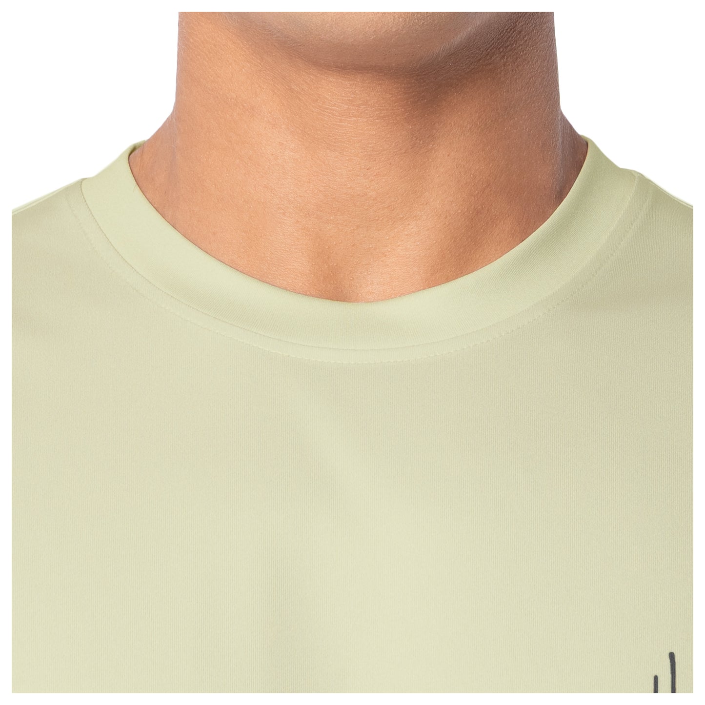 Bone white t-shirt worn by a person, focusing on the neckline.