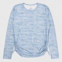 A light blue tie-dye long-sleeve sun protection rouched top against a light gray background