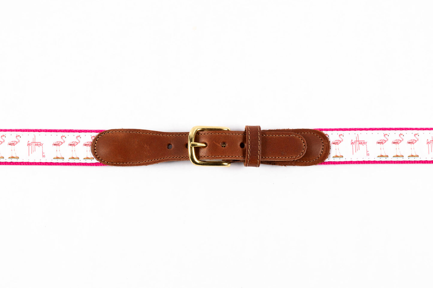 Guy Harvey men's Flamingo leather tab belt with white needlepoint flamingo design and brass buckle.