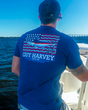 Man's back in patriotic fish tshirt