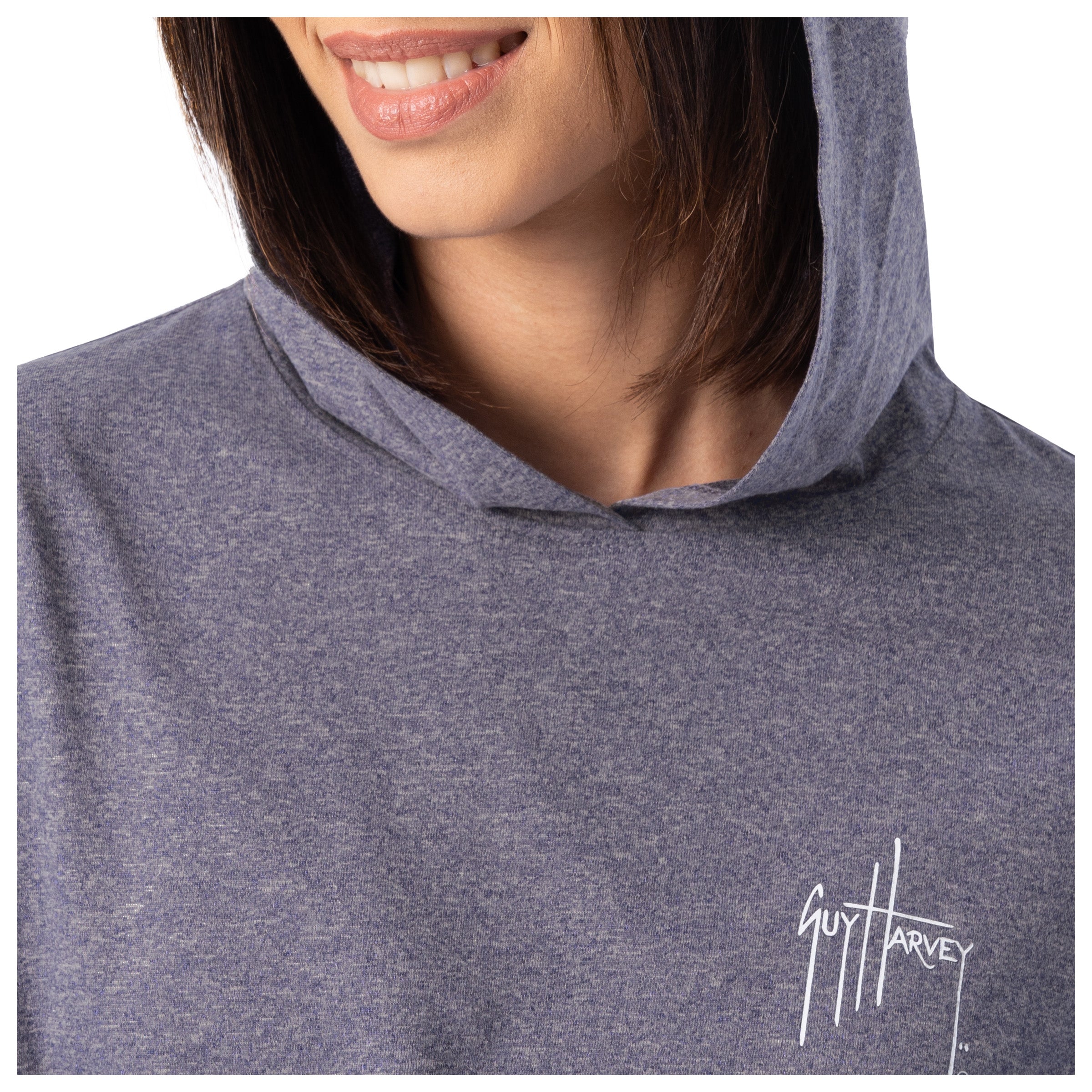 Gray hoodie with Guy Harvey logo on a white background