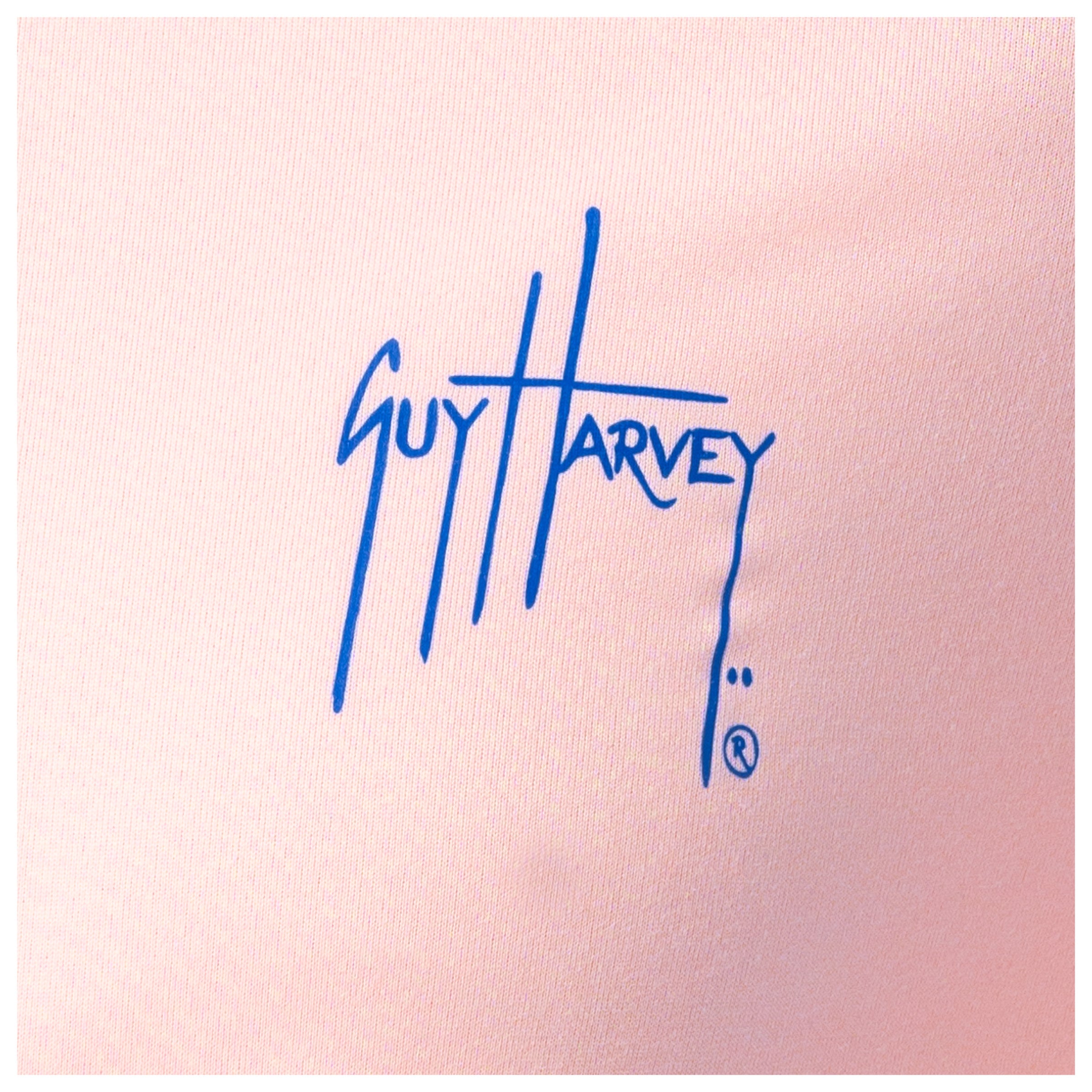 Blue Guy Harvey logo on a pink background