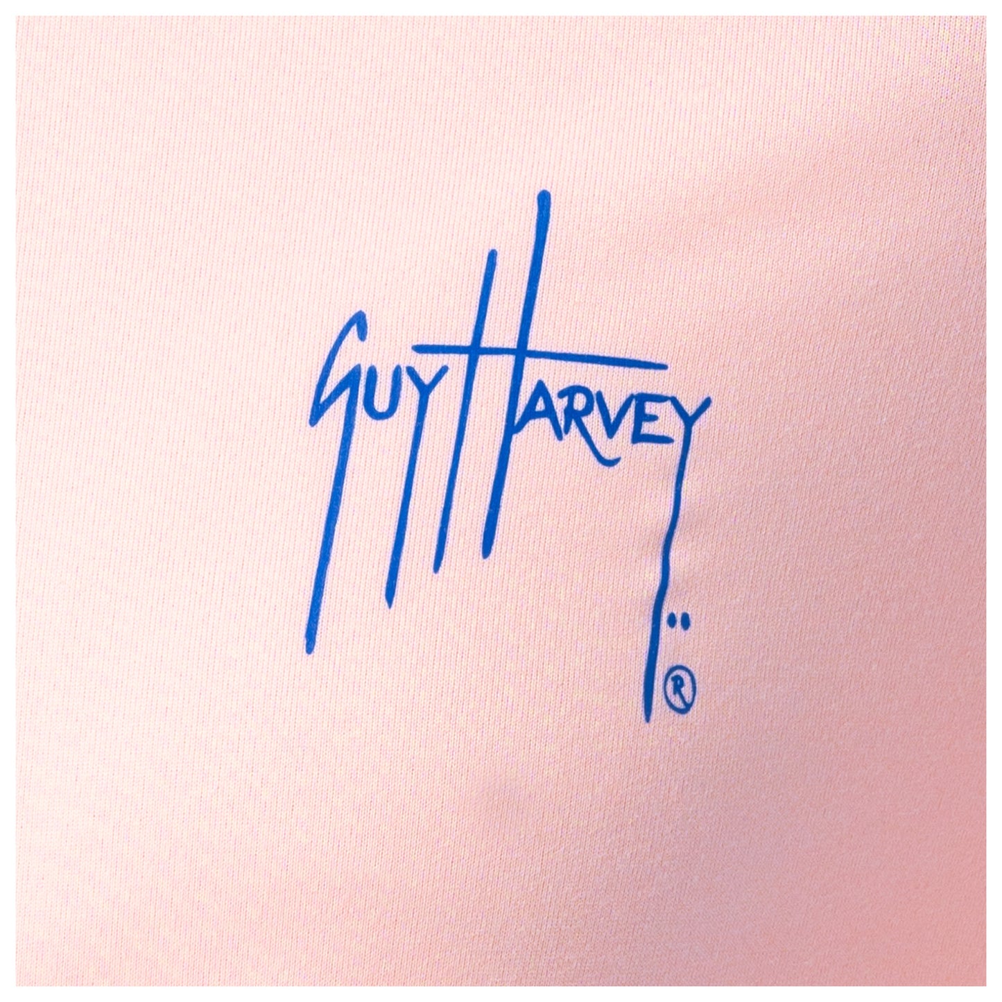 Blue Guy Harvey logo on a pink background