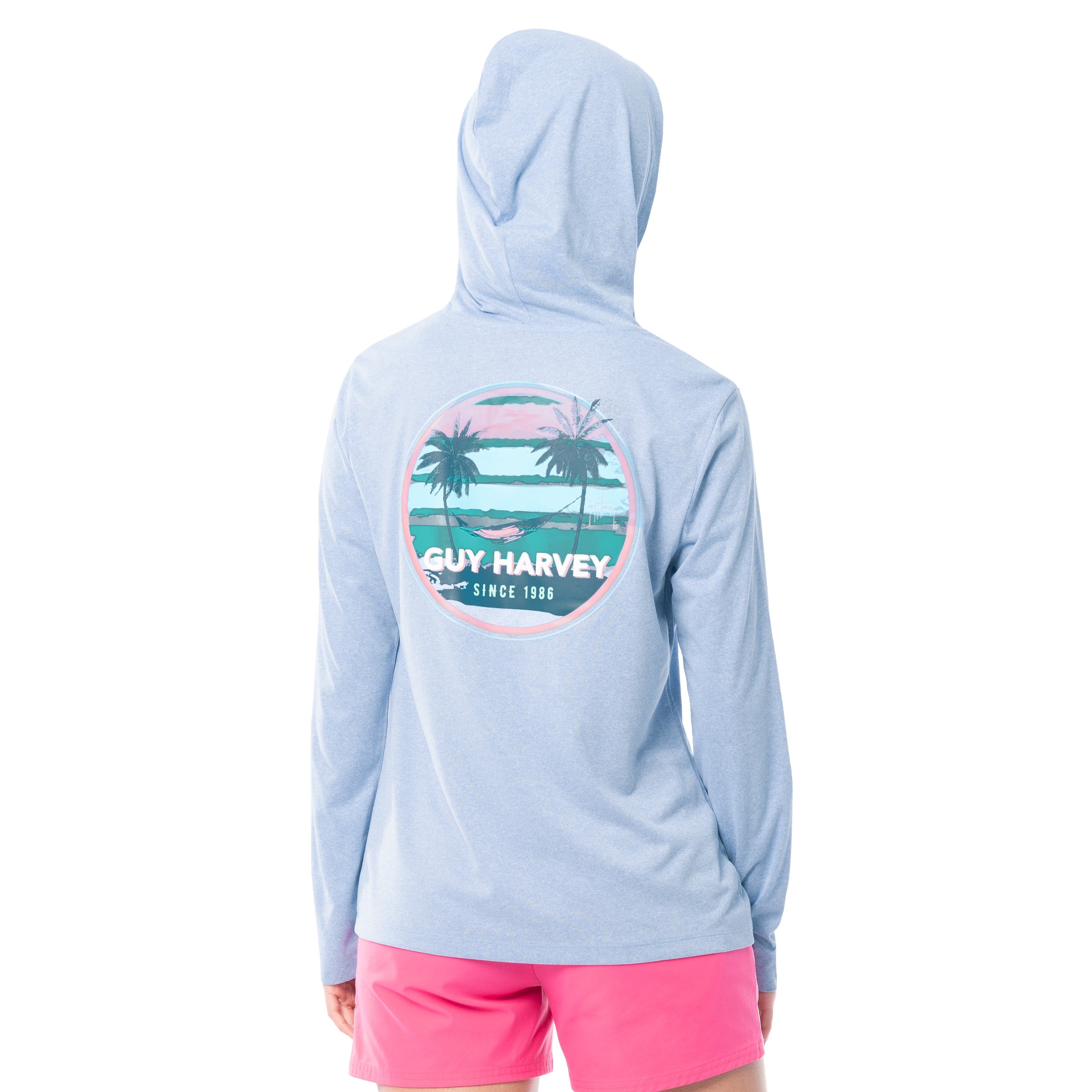 Light blue hoodie with palm tree design and 'Guy Harvey' logo on a white background