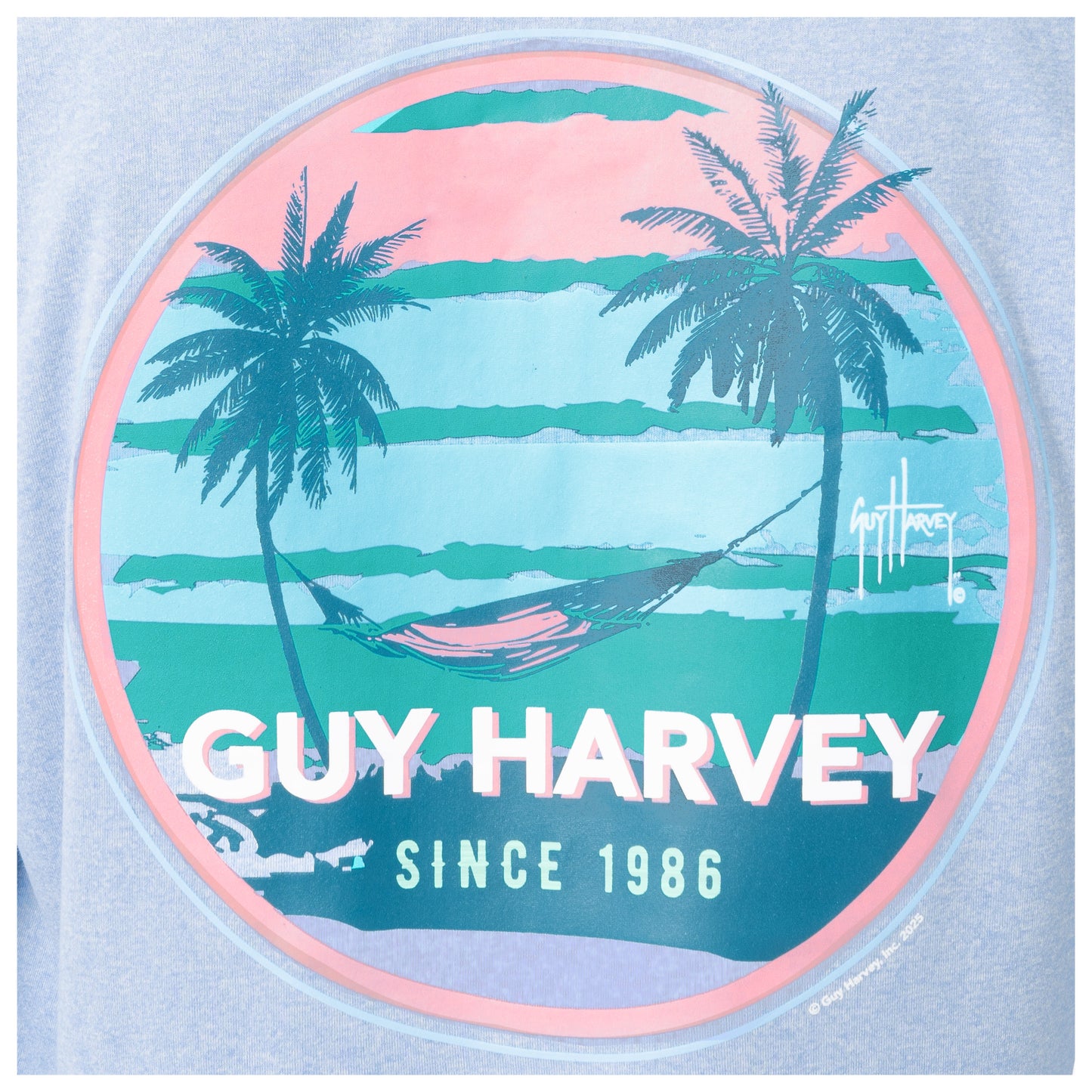Circular Guy Harvey logo with palm trees and hammock design on a light blue background