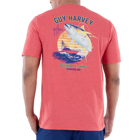 Mens Guy Harvey Crimson Red Back-Print T-Shirt L Large Tuna Yellow Fish  Cotton