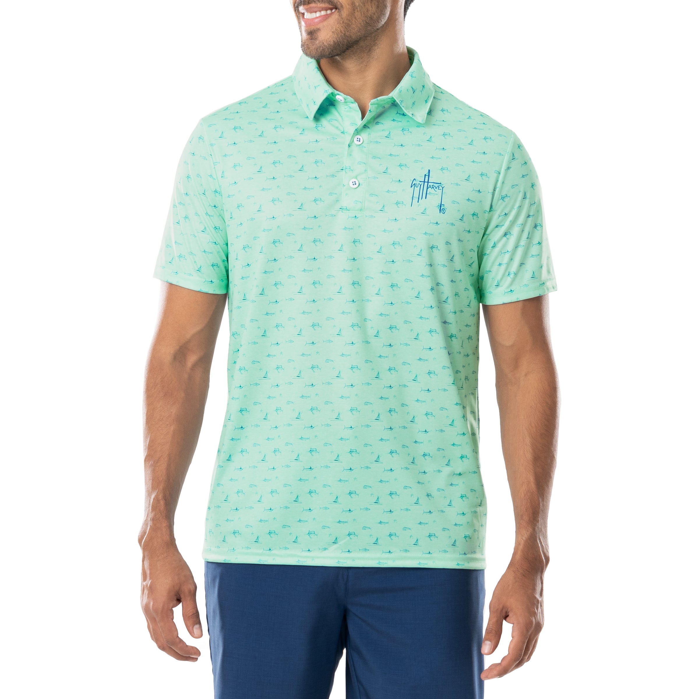 Men's Short Sleeve Green Printed Performance Polo Shirt