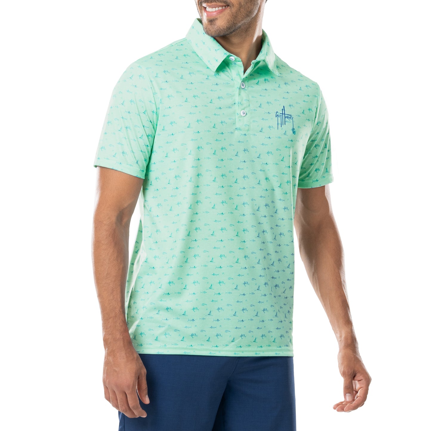 Men's Short Sleeve Green Printed Performance Polo Shirt