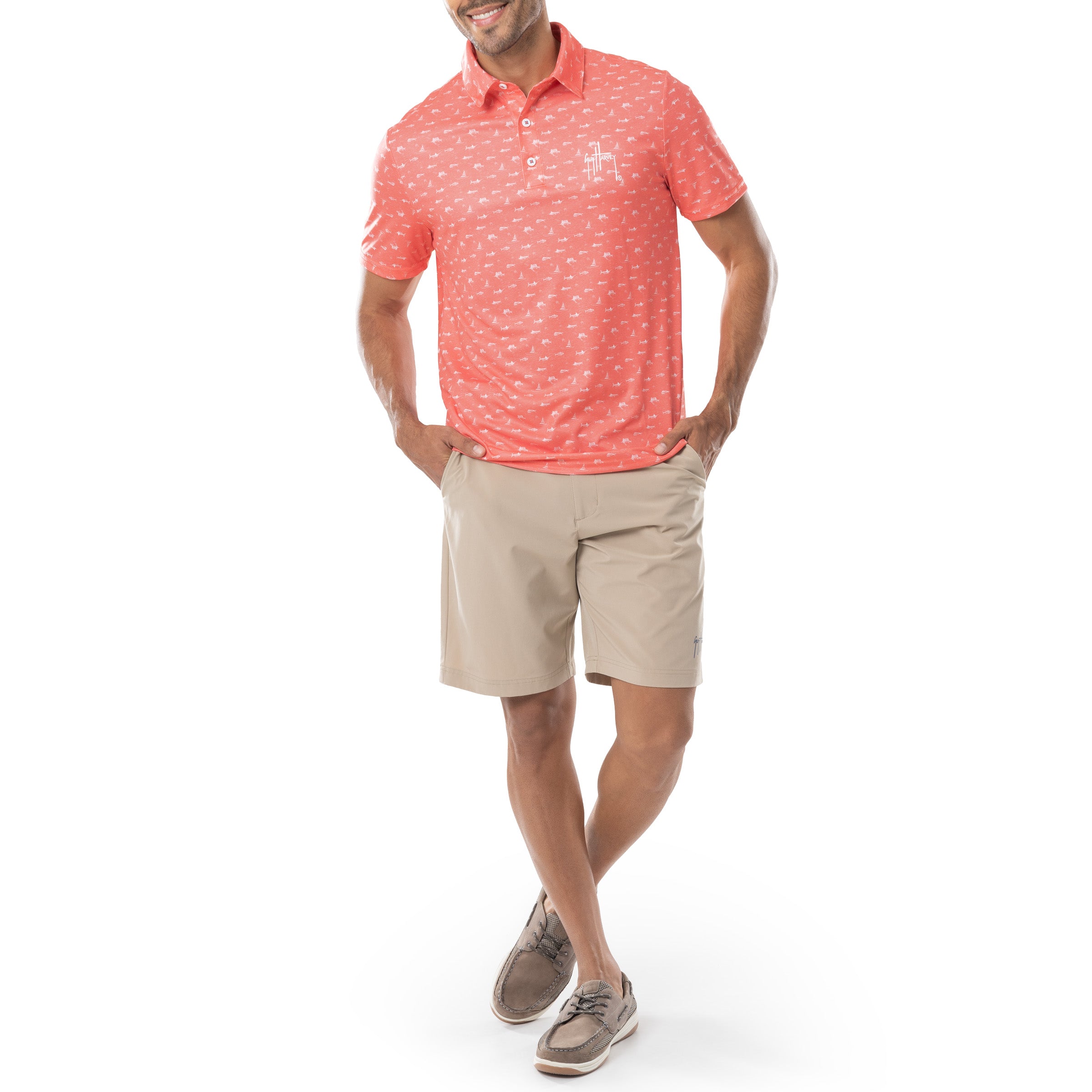 Men's Short Sleeve Coral Printed Performance Polo Shirt