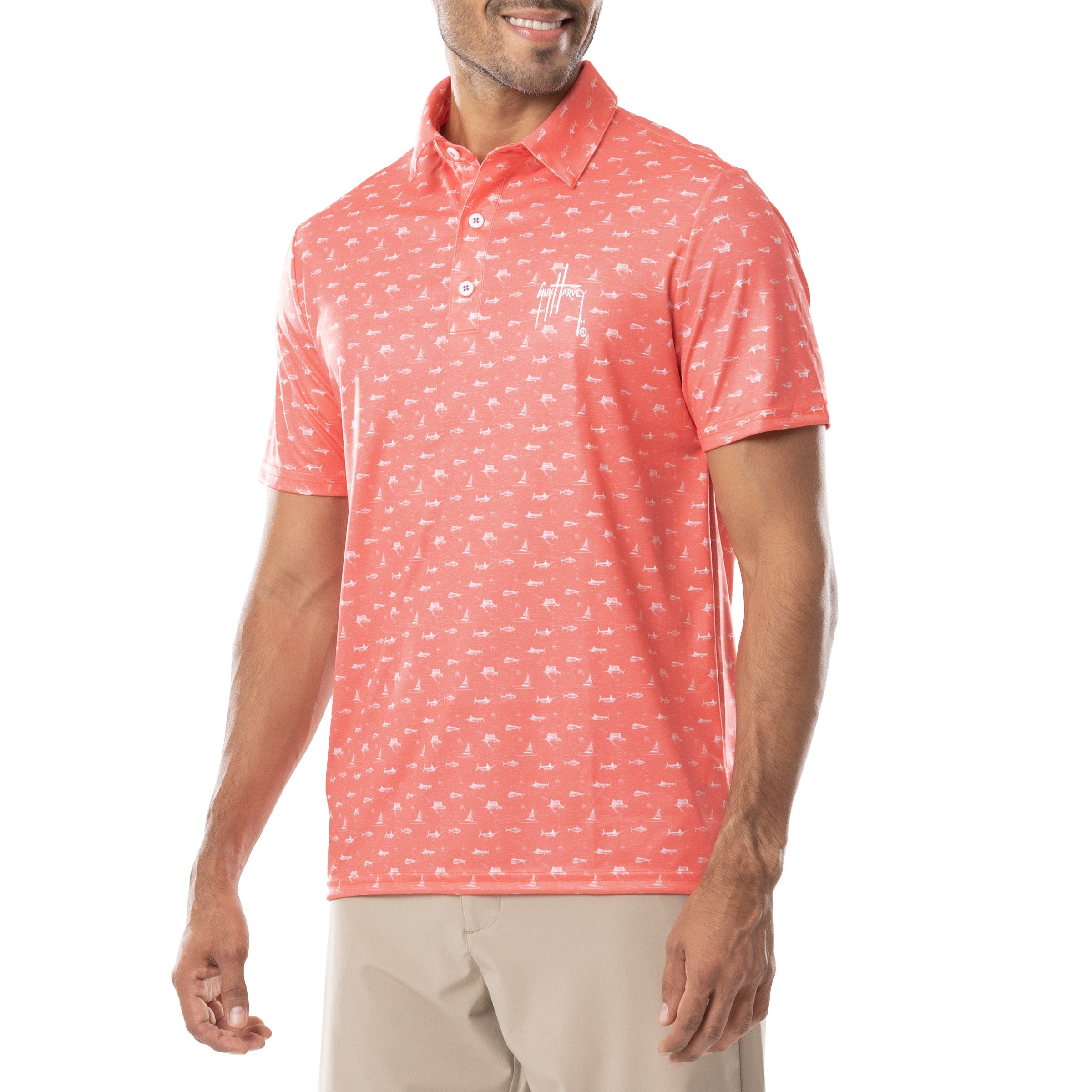 Men's Short Sleeve Coral Printed Performance Polo Shirt