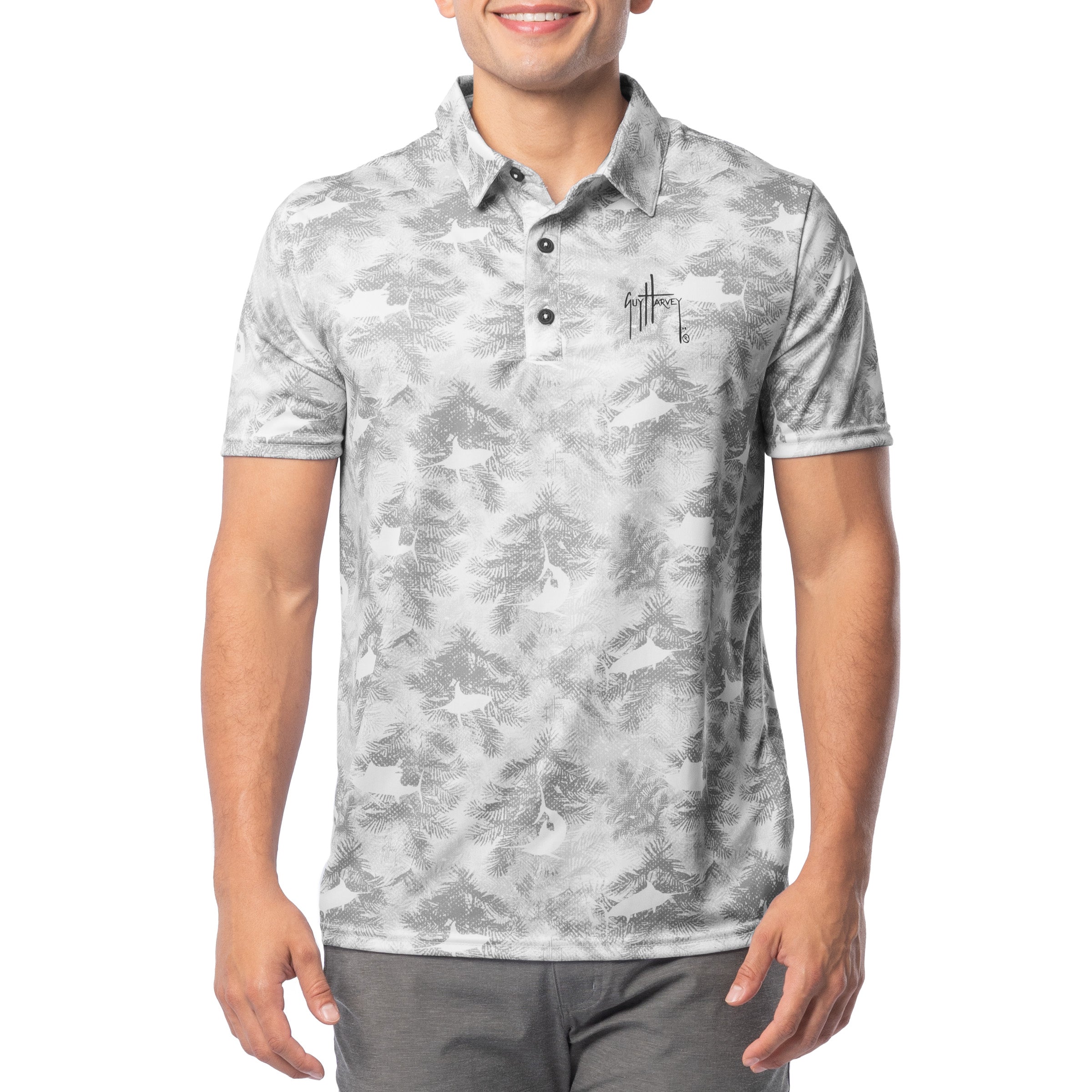 Men's Short Sleeve Urban Palms Gray Printed Performance Polo Shirt