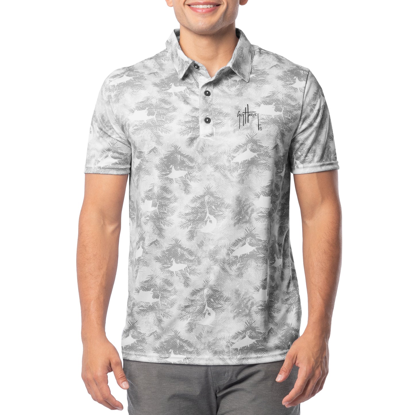 Men's Short Sleeve Urban Palms Gray Printed Performance Polo Shirt