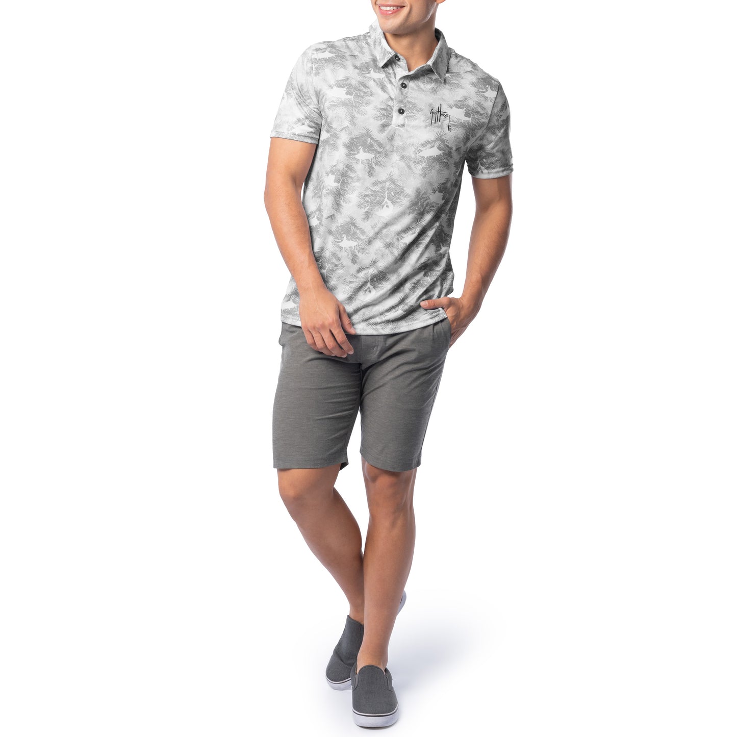 Men's Short Sleeve Urban Palms Gray Printed Performance Polo Shirt