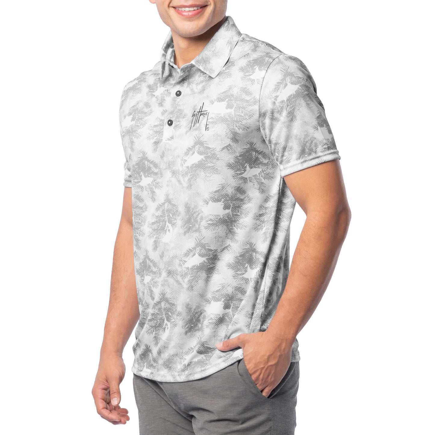 Men's Short Sleeve Urban Palms Gray Printed Performance Polo Shirt