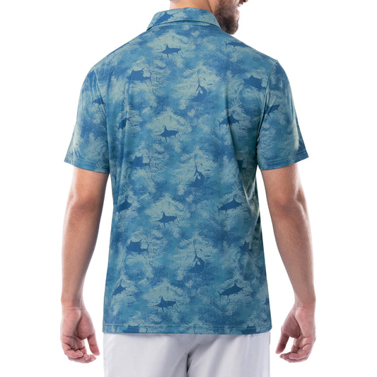 Men's Short Sleeve Urban Palms Blue Printed Performance Polo Shirt