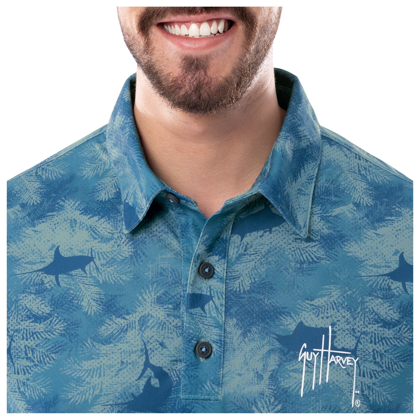 Men's Short Sleeve Urban Palms Blue Printed Performance Polo Shirt