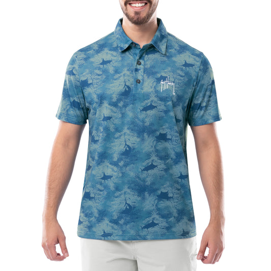 Men's Short Sleeve Urban Palms Blue Printed Performance Polo Shirt