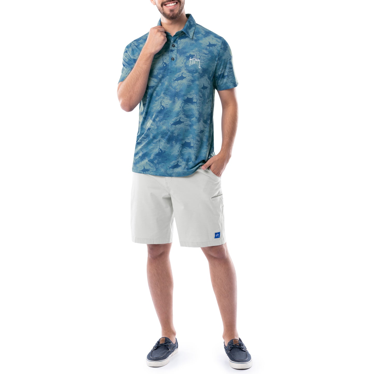 Men's Short Sleeve Urban Palms Blue Printed Performance Polo Shirt