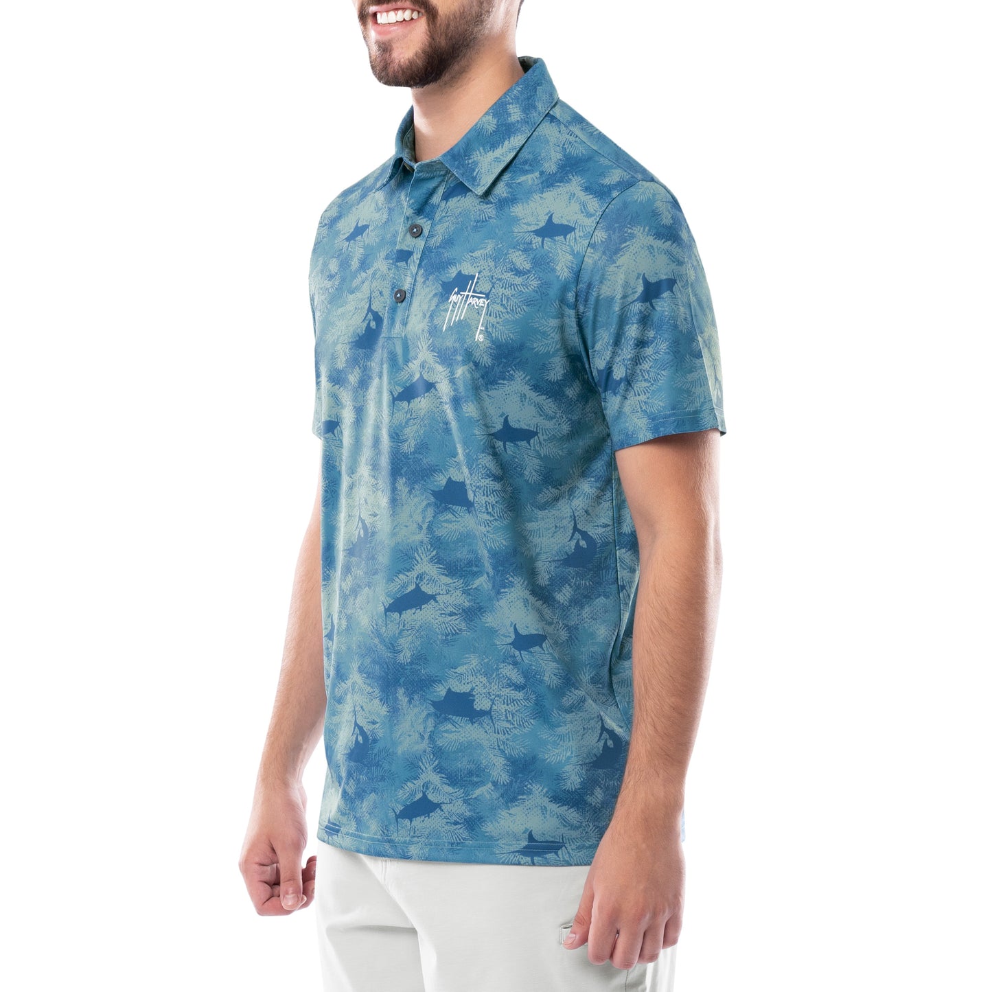 Men's Short Sleeve Urban Palms Blue Printed Performance Polo Shirt