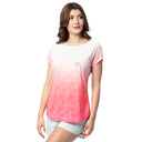 Woman wearing a gradient t-shirt with a Guy Harvey signature logo on a white background