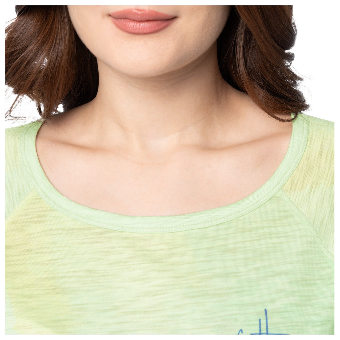 Close-up on the collar showcasing a wide crew neck.