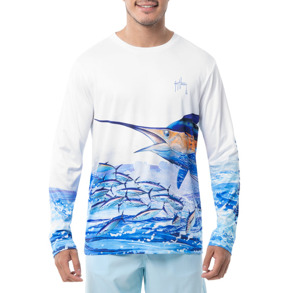 Guy Harvey Men's Long Sleeve Blue Fishing Shirt Cotton Size Large *read