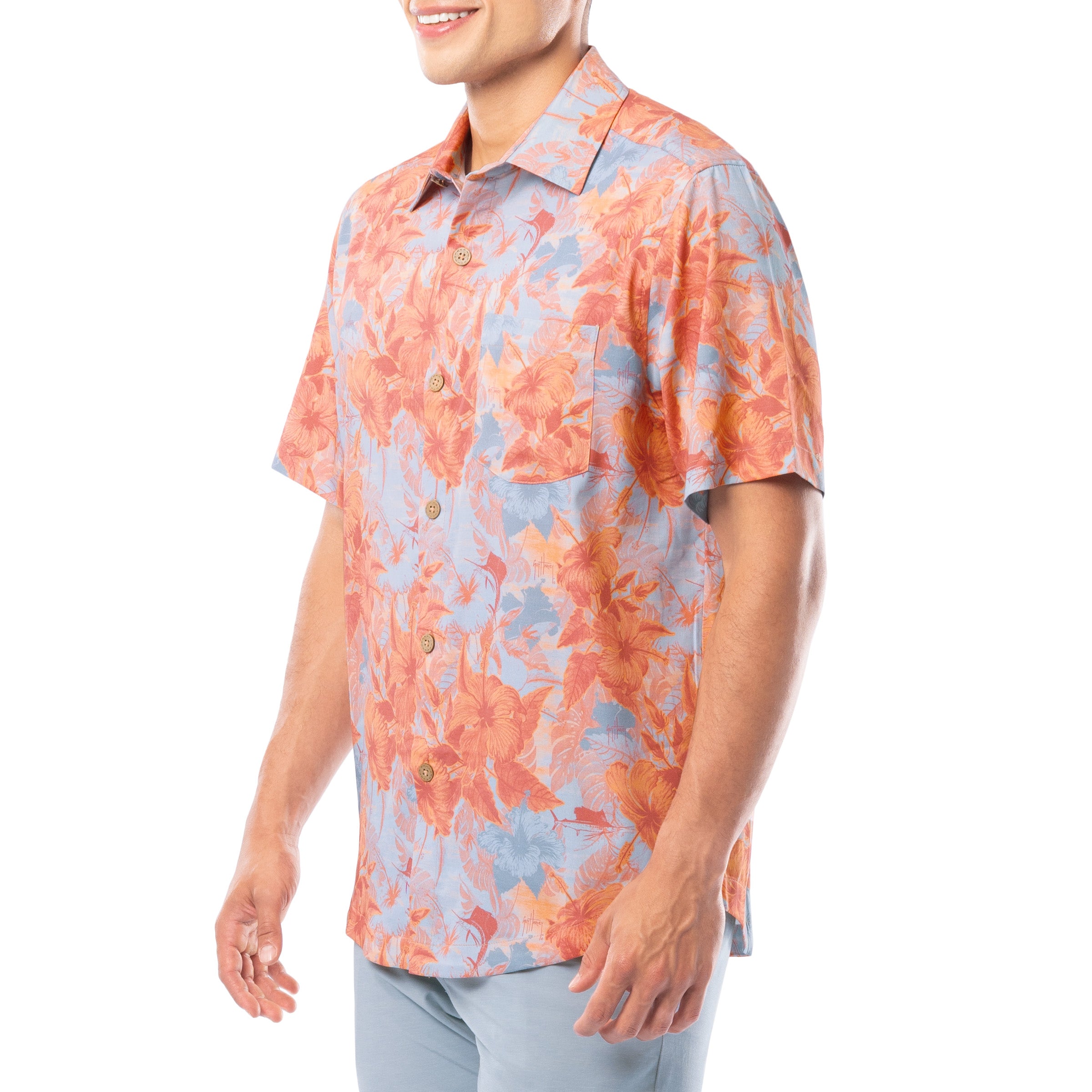 Men's Coral Hibiscus Key Printed Resort Shirt