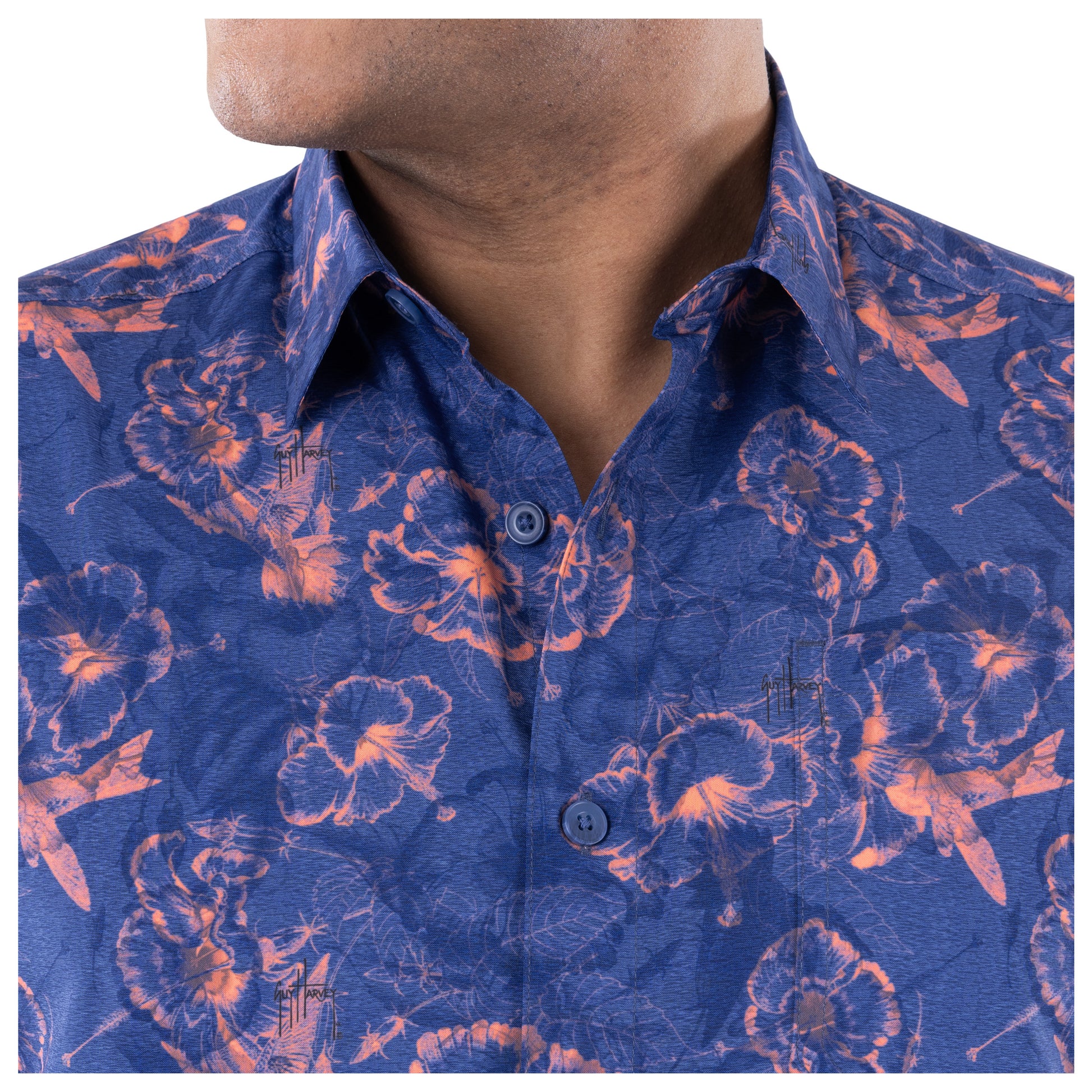 Guy Harvey | Men's Hibiscus Heather Performance Fishing Shirt, Estate Blue, XL