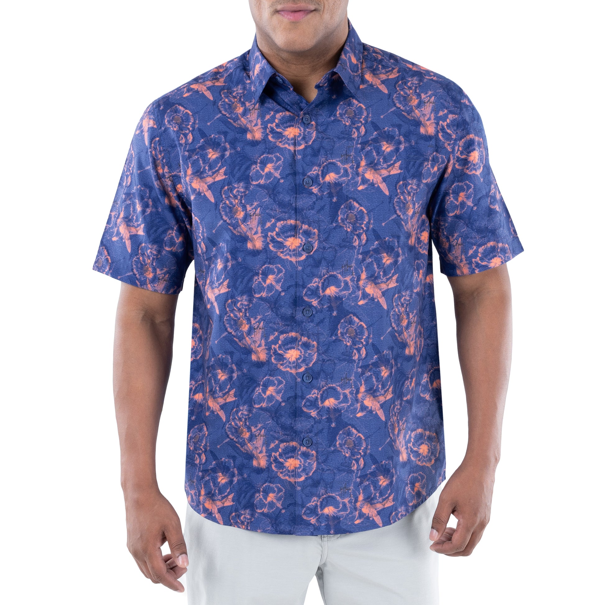 Short Sleeve Fishing Shirt with Printed Hibiscus Pattern in Blue View 8