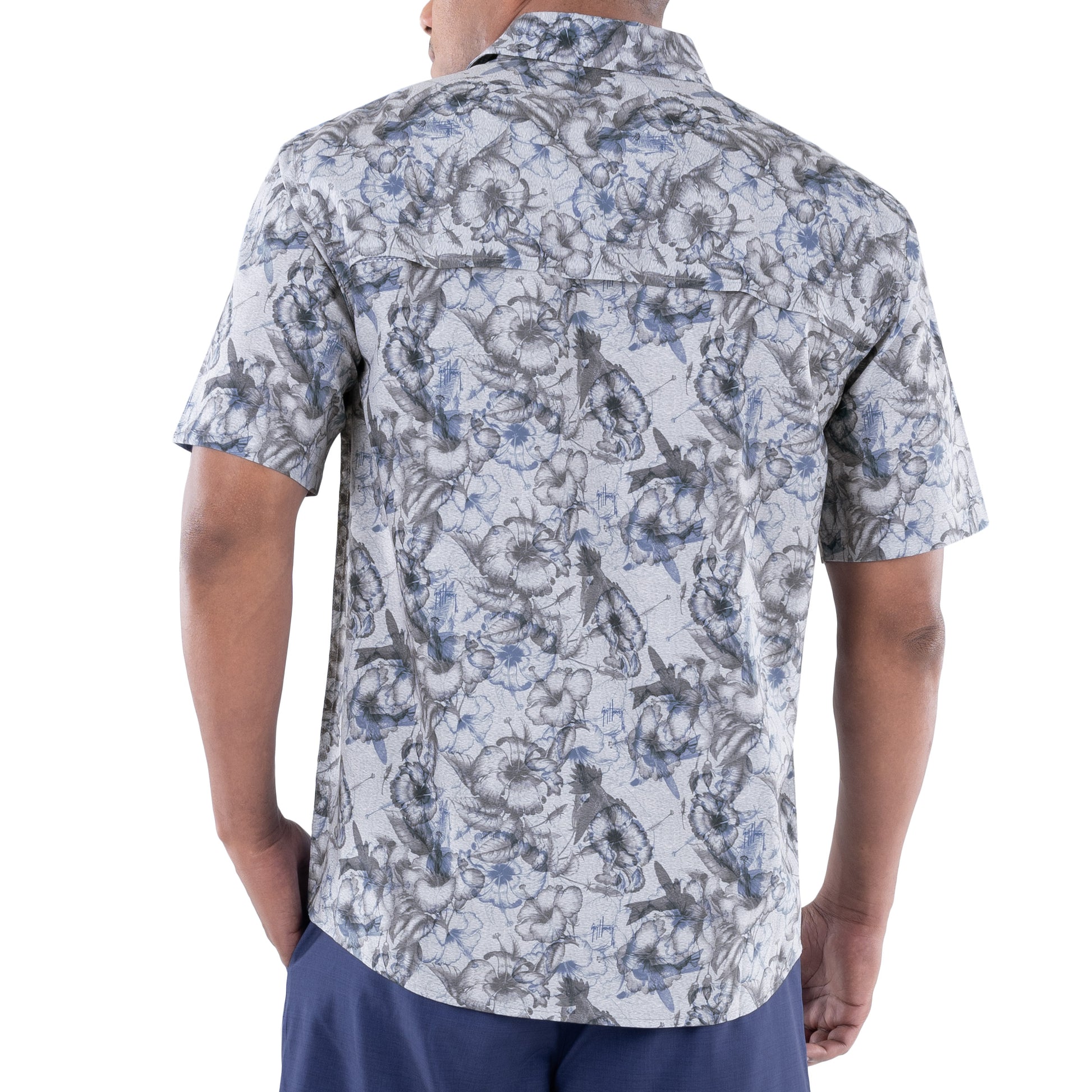 Short Sleeve Fishing Shirt with Printed Hibiscus Pattern in Gray - Back View View 2