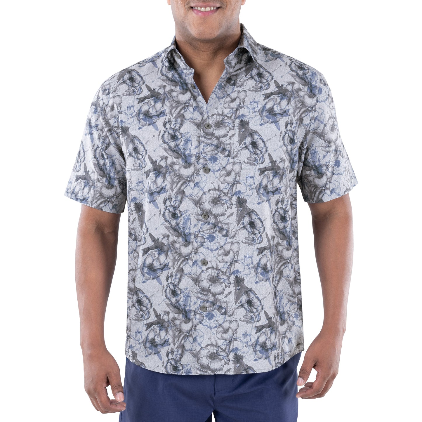 Short Sleeve Fishing Shirt with Printed Hibiscus Pattern in Gray - Front View View 1