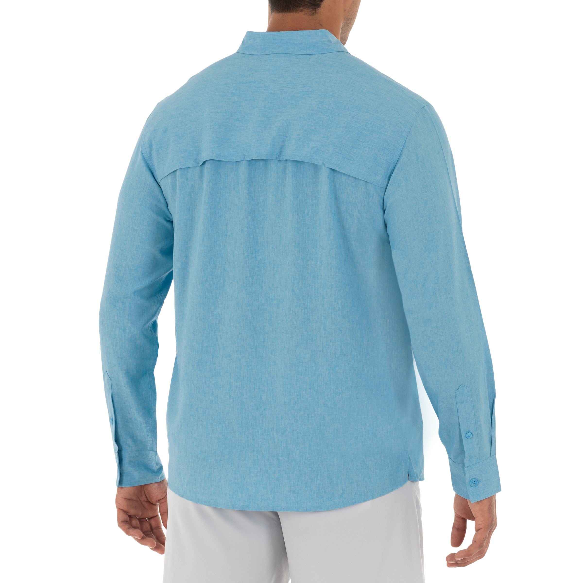 Light blue long-sleeve shirt worn by a person on a white background