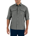 Man wearing a gray button-up shirt with a logo on a white background