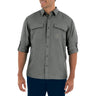 Man wearing a gray button-up shirt with a logo on a white background
