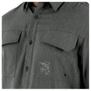Gray shirt with a logo on the chest pocket against a white background